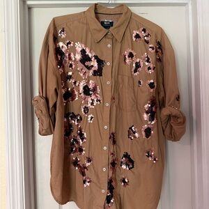 Maeve Brown Sequin Button Down Shirt